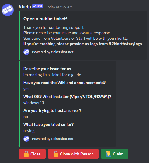 The embed sent in a ticket with the information filled out by the user