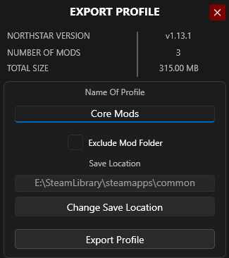 The Export Profile menu in VTOL