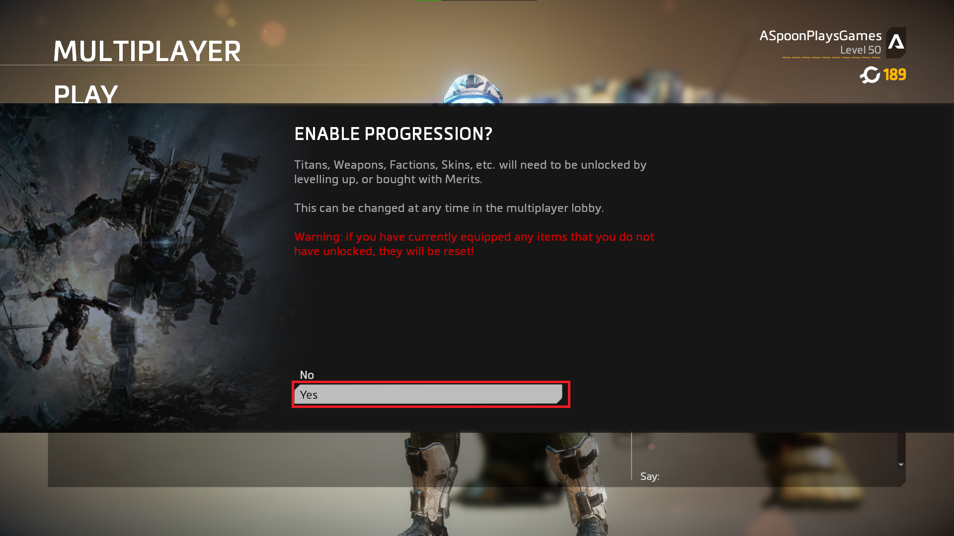 Dialogue explaining what toggling progression does