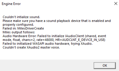 Engine Error: Could't Initialize Sound